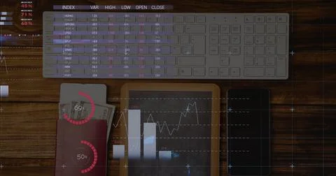 Image of financial data processing with statistics over desk computer keyboard Stock Illustration