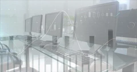 Image of financial data processing with statistics over empty office with Stockfoto's