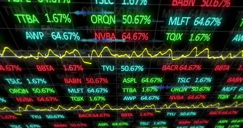 Image of financial data processing, statistics on black background Foto stock