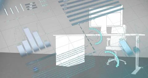 Image of financial data processing with statistics over desk with computer Stock Photos