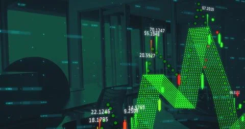 Image of financial data processing with statistics over empty office 库存照片