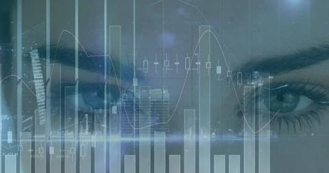 Image of financial data processing with statistics over woman's face Stock Photos