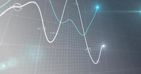 Image of financial data processing, two lines with glowing spot on grid Stock Illustration