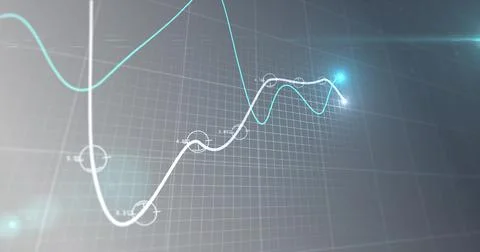 Image of financial data processing, two lines with glowing spot on grid Stockillustratie