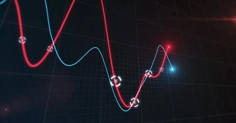 Image of financial data processing, two lines with glowing spot on grid Stock Illustration