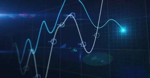 Image of financial data processing, two lines with glowing spot on grid Stock Illustration