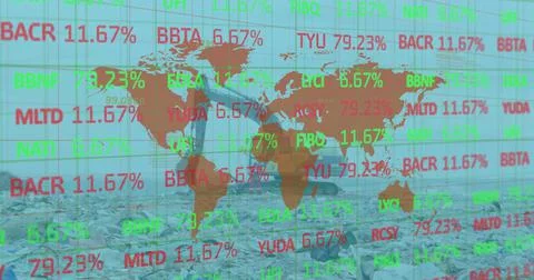 Image of financial data processing with a world map over a garbage dump Illustrazione stock