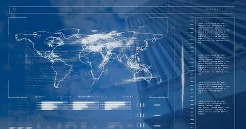 Image of financial data processing with world map over modern building Ilustración de archivo