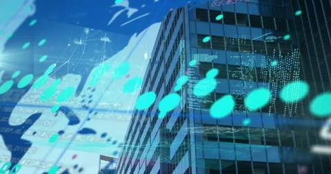 Image of financial data processing with world map over modern office building Stock Illustration