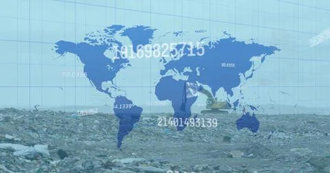 Image of financial data processing with a world map over a garbage dump Foto stock