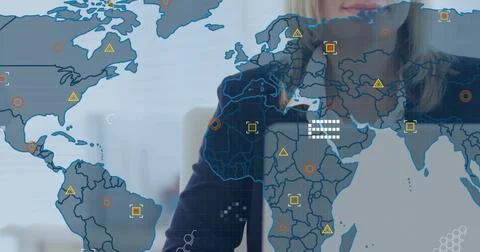 Image of financial data processing with world map over caucasian businesswoman Stock Photos
