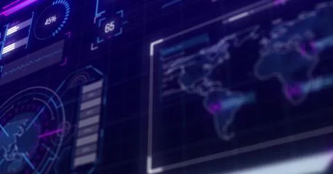 Image of financial data processing with world map and globe on black background Foto stock