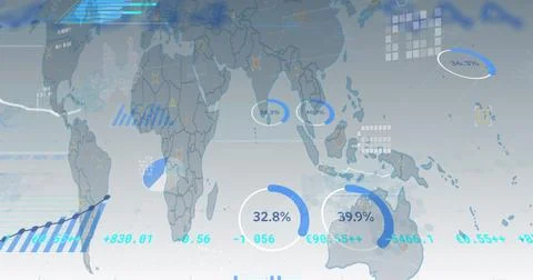 Image of financial data processing with world map on grey background 写真素材