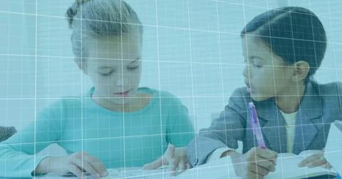 Image of financial data with red lines going down over schoolgirls shaking hands Stock Photos