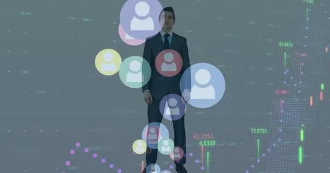 Image of financial data, world map and icons over caucasian businessman Stock Photos