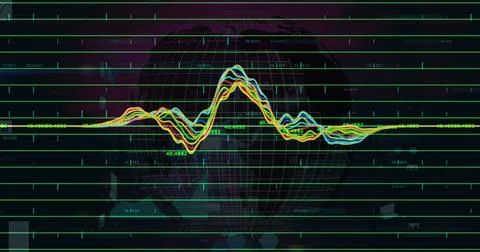 Image of financial graph and data over rotating globe Ilustração Stock