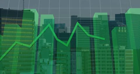 Image of financial graph and data processing over cityscape 写真素材