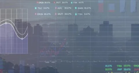 Image of financial graph and data processing over cityscape 写真素材