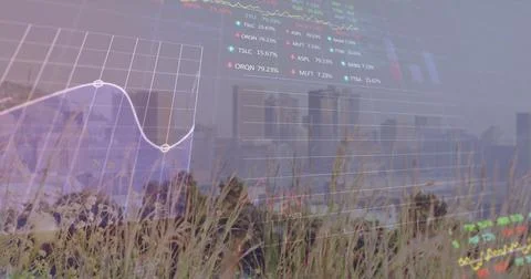 Image of financial graph and data processing over cityscape Stock Photos