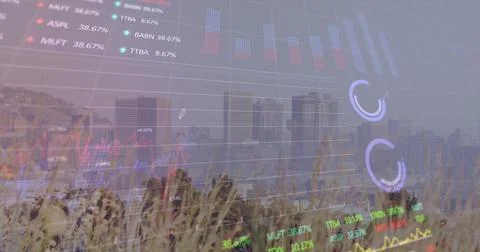 Image of financial graph and data processing over cityscape Stock Photos