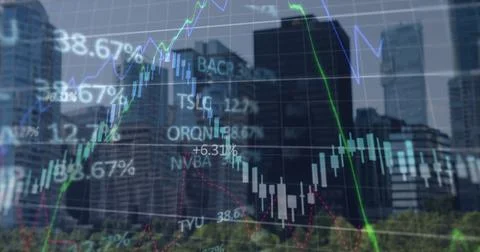Image of financial graph and data processing over cityscape 写真素材