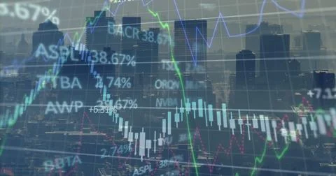 Image of financial graph and data processing over cityscape Stock Photos