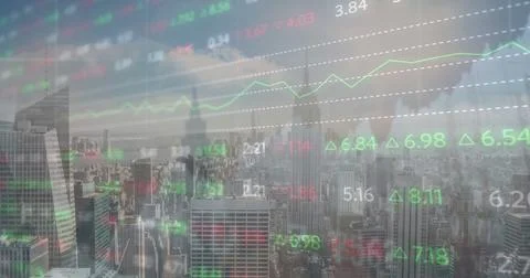 Image of financial graph and data processing over cityscape Stock Photos