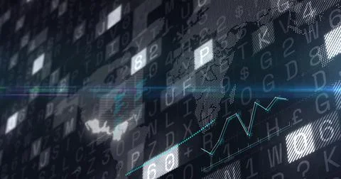 Image of financial graph over data processing on dark background Illustrazione stock