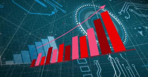 Image of financial graph over data processing on blue background Stock Photos