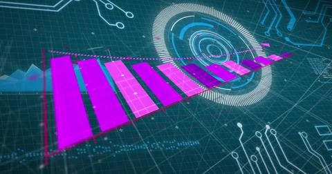 Image of financial graph over data processing on blue background Foto stock