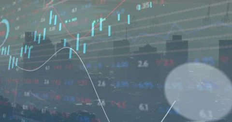Image of financial graphs and data over cityscape Ilustração Stock