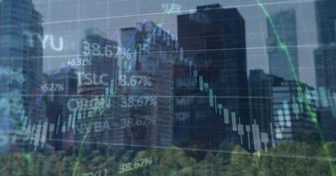 Image of financial graphs and data over cityscape Ilustração Stock