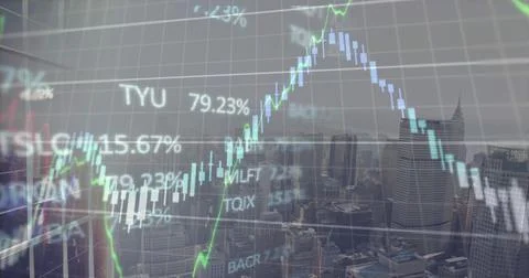 Image of financial graphs and data over cityscape Stock Illustration