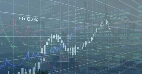 Image of financial graphs and data over cityscape Stock Illustration