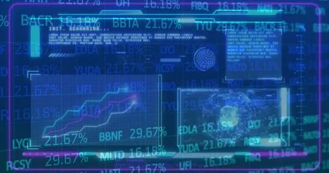 Image of financial graphs and data over navy digital screen with diverse data Illustrazione stock