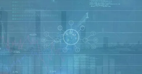 Image of financial graphs and data over navy digital screen with globe and Stock Illustration