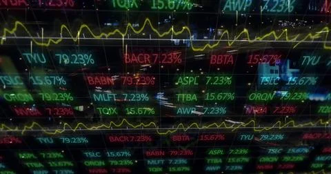 Image of financial graphs and data over road traffic at night Ilustración de archivo