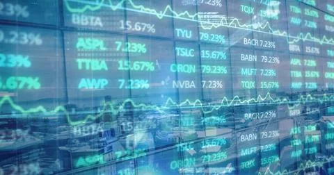 Image of financial graphs and data over cityscape Stock Illustration