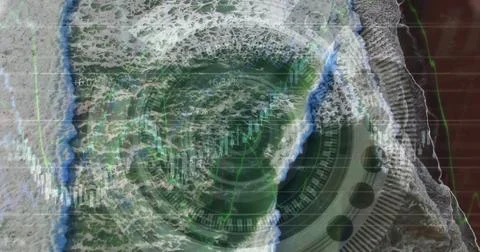 Image of financial graphs and data over seascape 스톡 일러스트