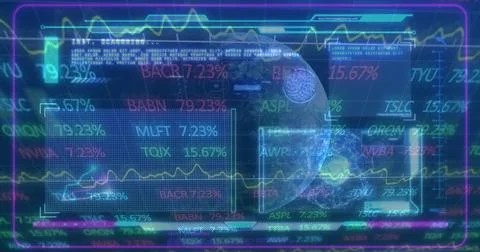 Image of financial graphs and data over navy digital screen with globe 스톡 일러스트