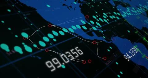 Image of financial graphs and data over black background 스톡 일러스트
