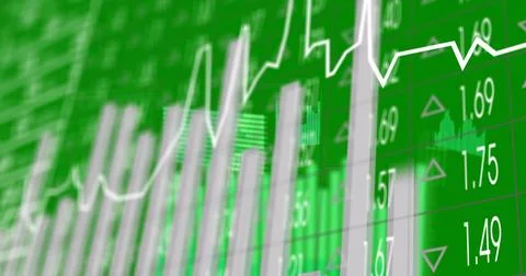 Image of financial graphs and data on green background 스톡 일러스트