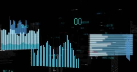 Image of financial graphs and data on black background イラスト素材