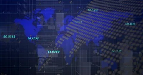 Image of financial graphs and data over world map on navy background イラスト素材
