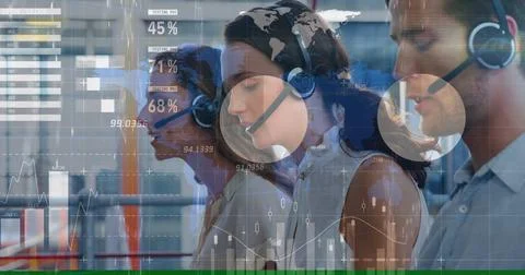Image of financial graphs and data over diverse female and male call center Stock Photos