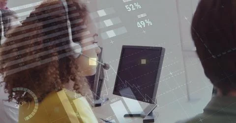 Image of financial graphs and data over happy biracial call center worker 스톡 사진