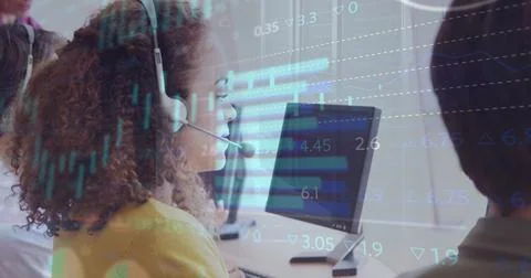 Image of financial graphs and data over happy biracial female call center worker Stock Photos