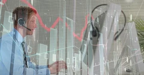 Image of financial graphs and data over caucasian male call center worker Stock Photos