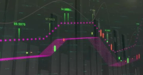 Image of financial graphs and data over world map on black background Foto stock