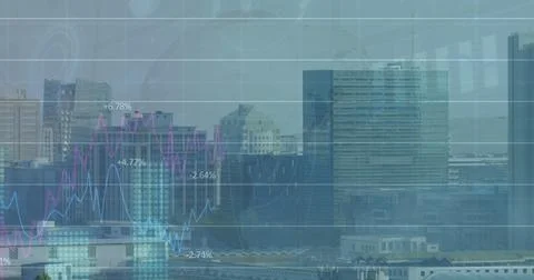 Image of financial graphs and data over cityscape Foto stock